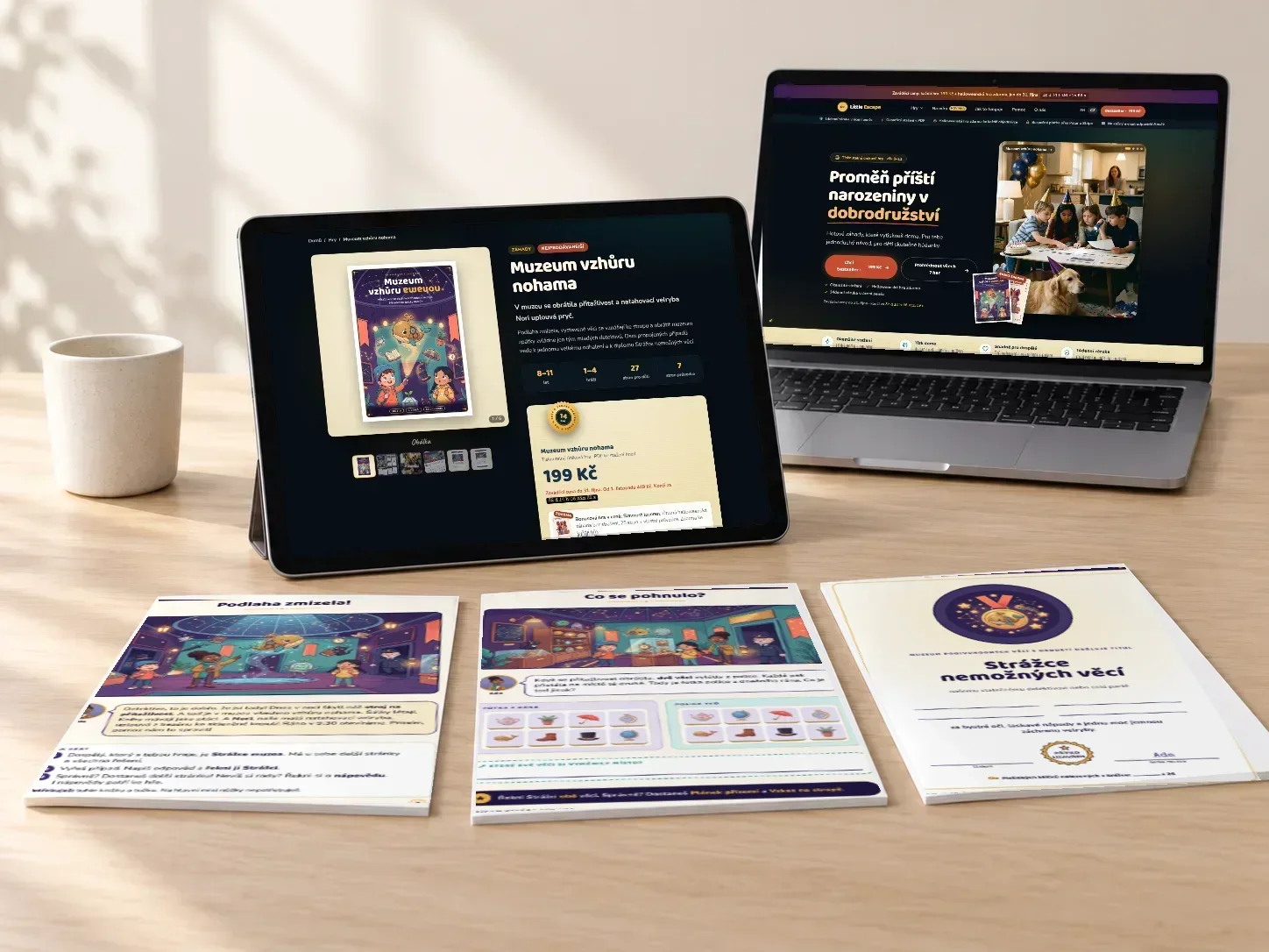 Hotový produkt Little Escape: web na notebooku, detail hry na tabletu a vytištěné stránky hry