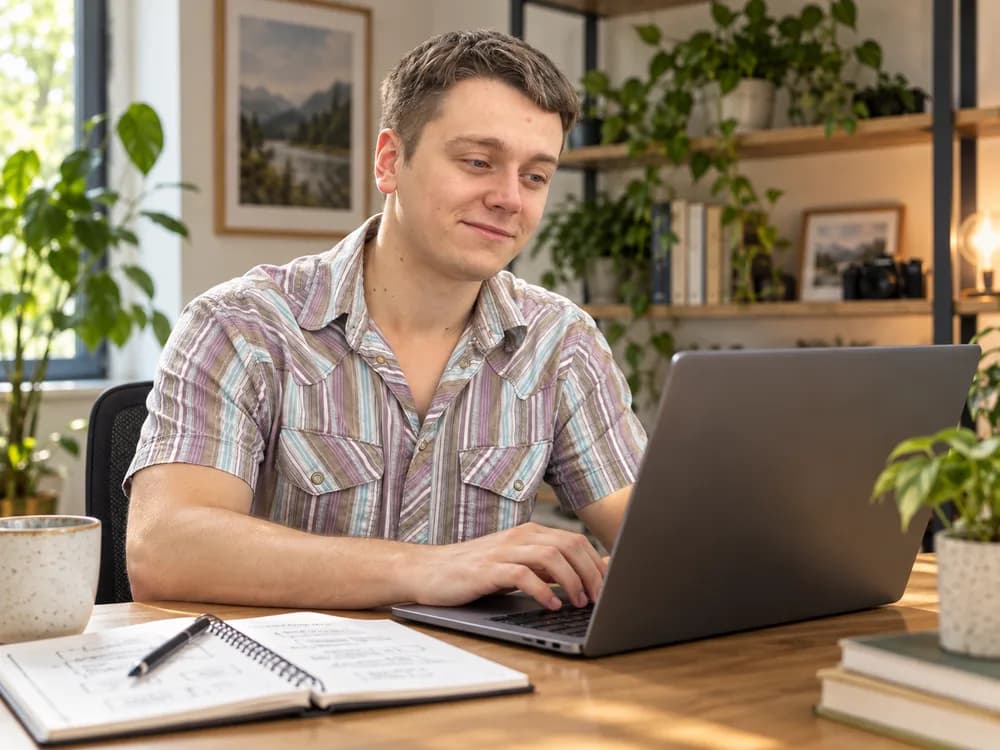 Kryštof stříhá lekce na notebooku