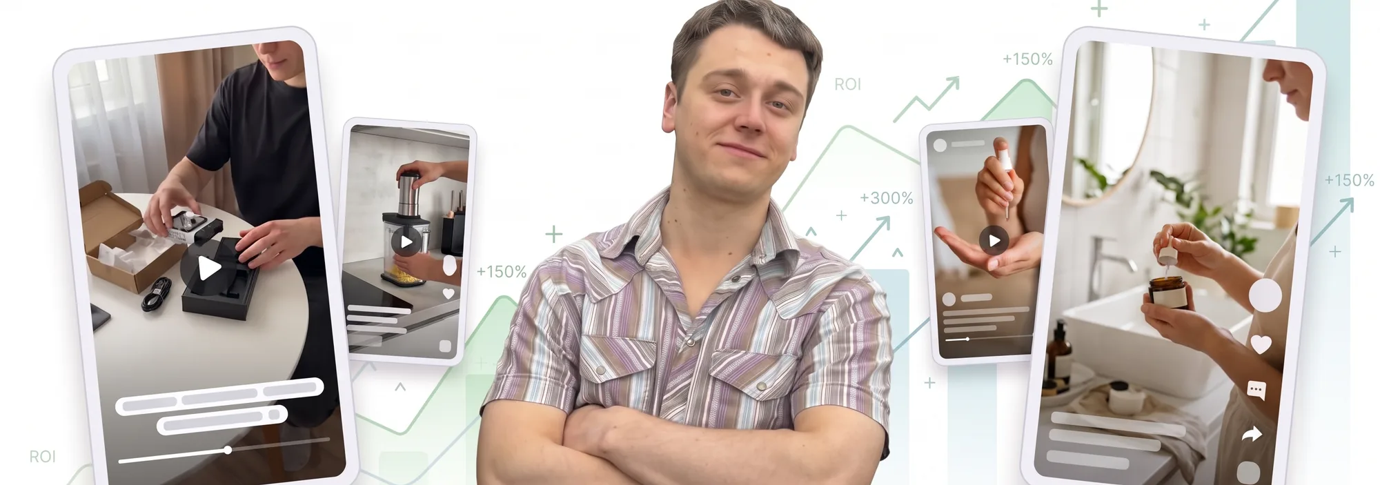 Kryštof Brož se zkříženýma rukama mezi ukázkami video reklam pro e-shopy
